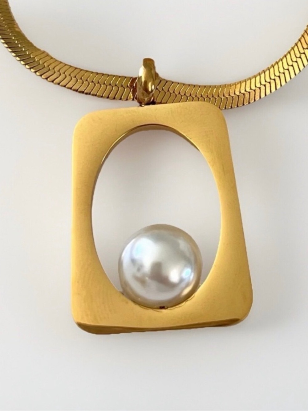 18K Gold Plated Pearl Geometric Pendant Necklace SET herringbone Women’s jewelry - Picture 2 of 8